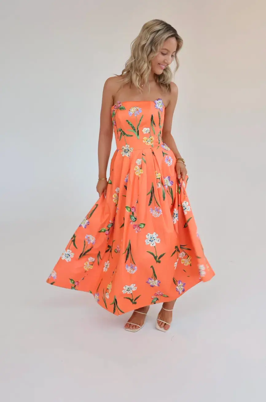 Leo Lin Lynn Bustier Midi Dress in Wild Flower in Coral Size 8 - Image 1
