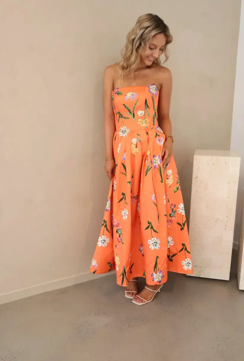 Leo Lin Lynn Bustier Midi Dress in Wild Flower in Coral Size 8 - Image 2