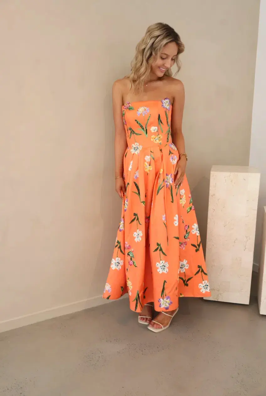 Leo Lin Lynn Bustier Midi Dress in Wild Flower in Coral Size 8 - Image 3
