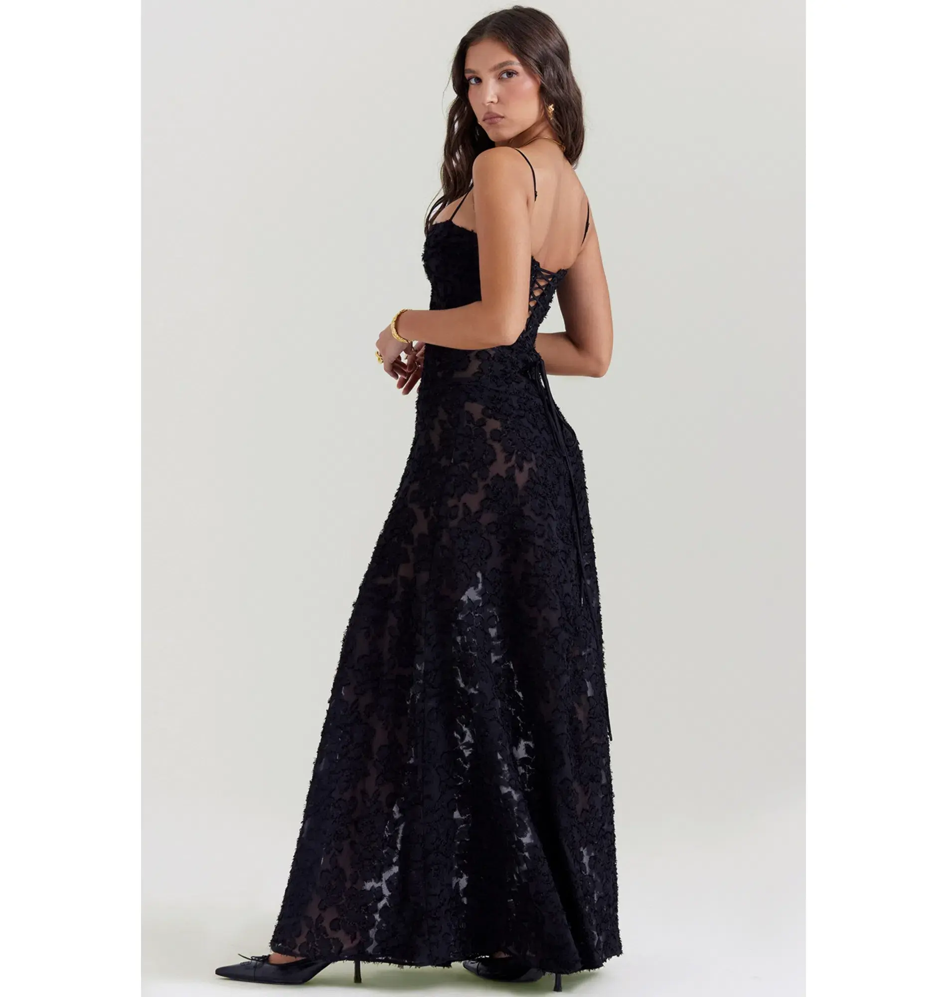 House of CB Seren Floral Lace Back Maxi Dress Black Size AU 8 - Image 3