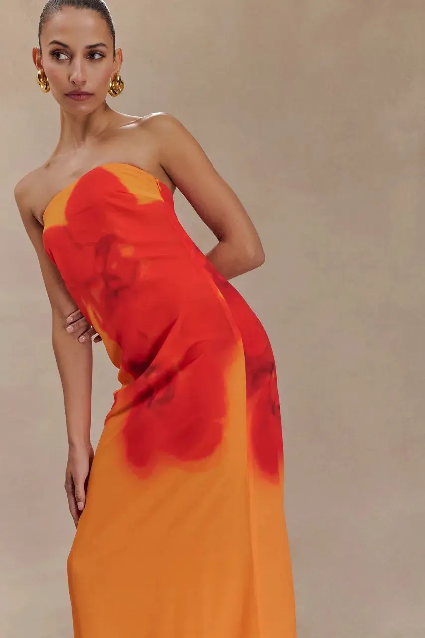 Meshki Amaya Strapless Maxi Dress Koi Orchid Print Size S/AU 8 for rent on The Volte - main image