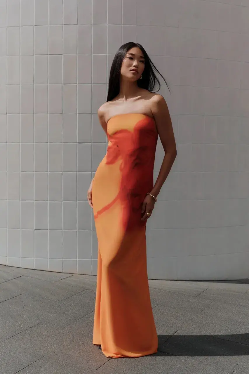 Meshki Amaya Strapless Maxi Dress Koi Orchid Print Size S/AU 8 for rent on The Volte - main image