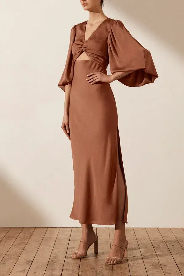 Shona Joy Luxe Front Twist Midi Dress Brown Size 10 - Image 2