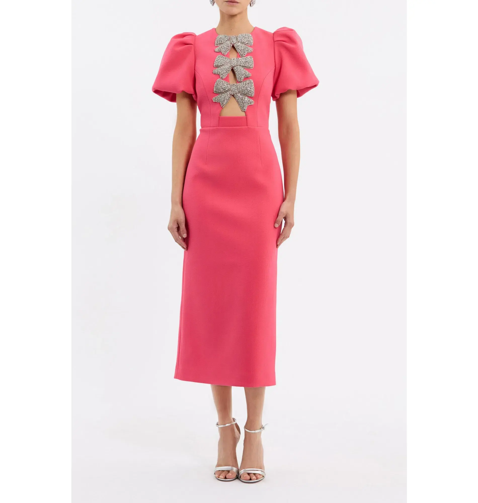 Rebecca Vallance Posey Puff Sleeve Midi Dress Pink Size AU 10 - Image 1