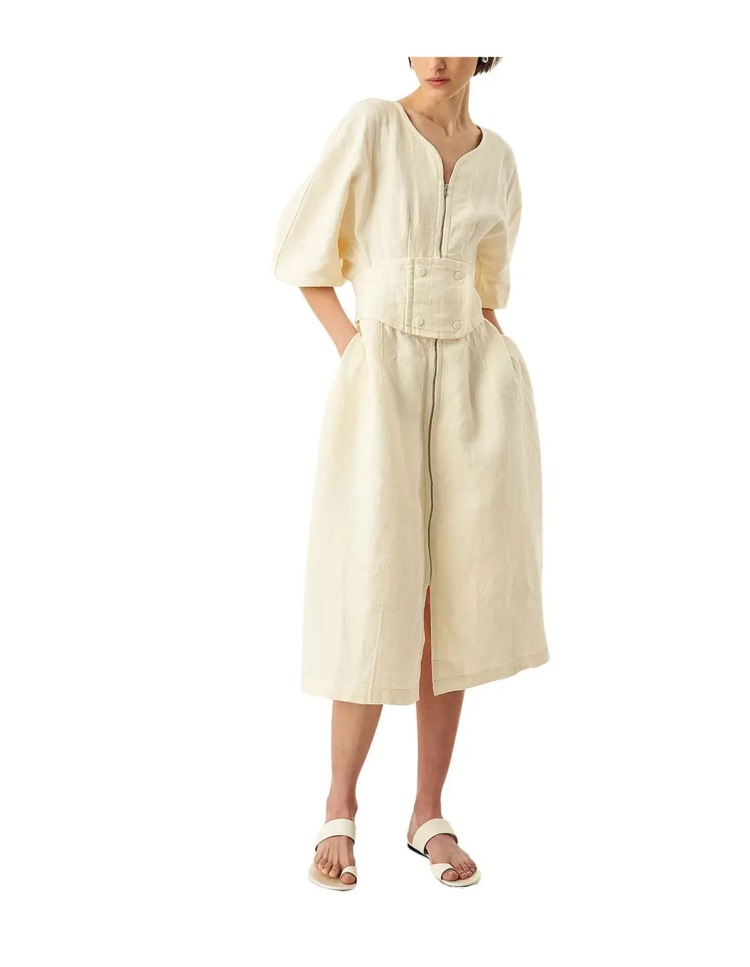 Oroton Full Sleeve Corset Midi Dress Cream Size AU 6 for rent on The Volte - main image