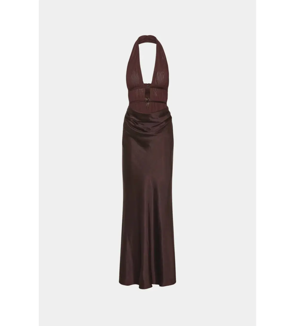 Misha The Celine Satin and Mesh Maxi Dress in Umber Brown Size 8 - Image 4
