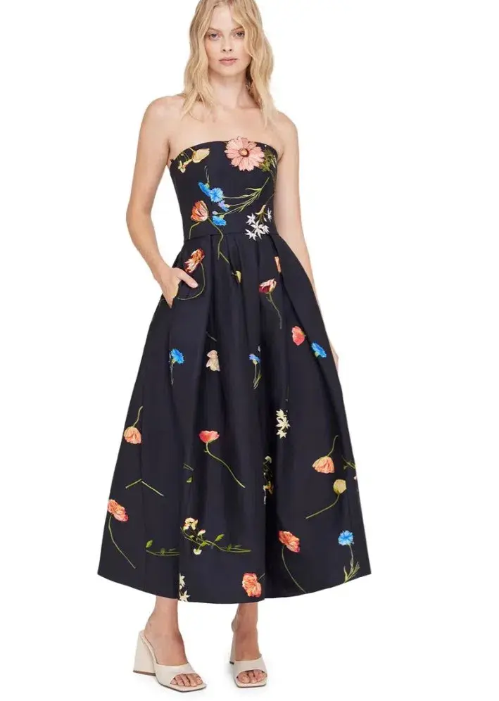 Leo Lin The Fields Embroidered Bustier Midi Dress Black Size 14 - Image 1