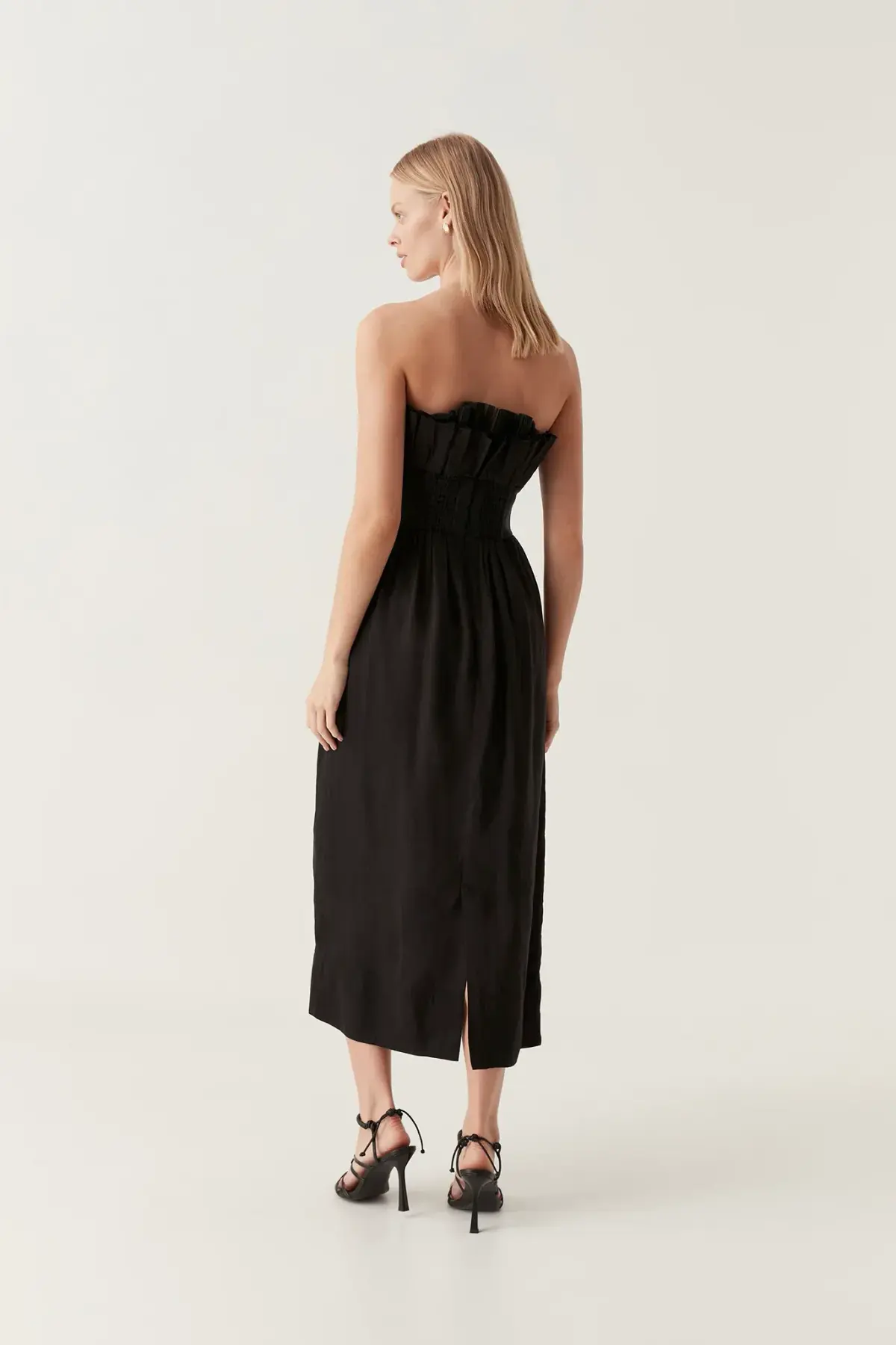 AJE Black Whisper Knot Strapless Ruffle Midi Dress AU 8 - Image 3