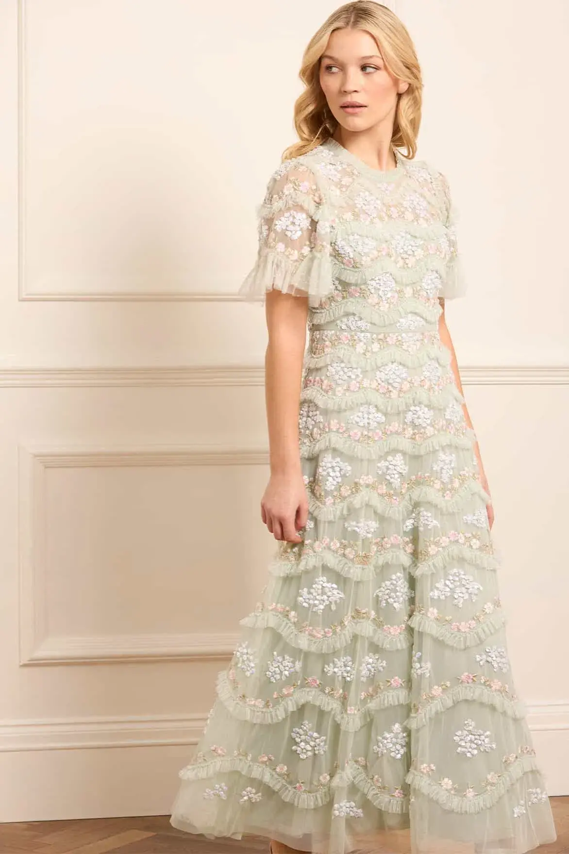 Needle & Thread Wave Ankle Gown Green Sequin Floral Daisy Size 10 - Image 1