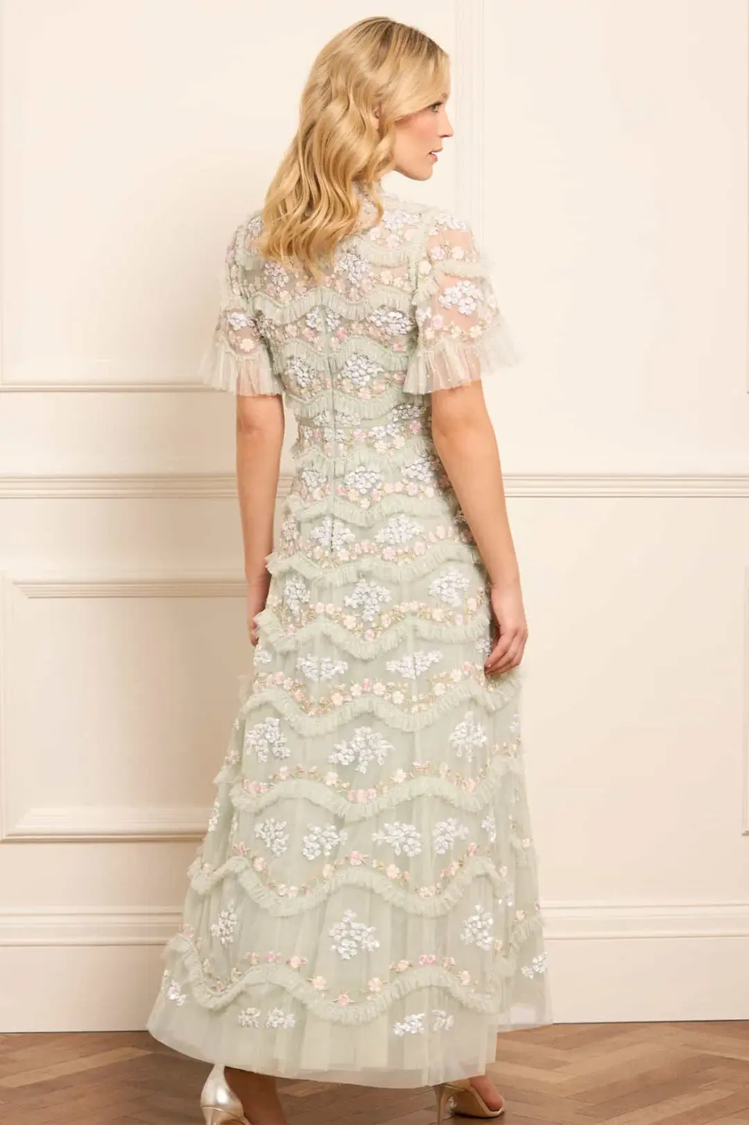 Needle & Thread Wave Ankle Gown Green Sequin Floral Daisy Size 10 for rent on The Volte - main image