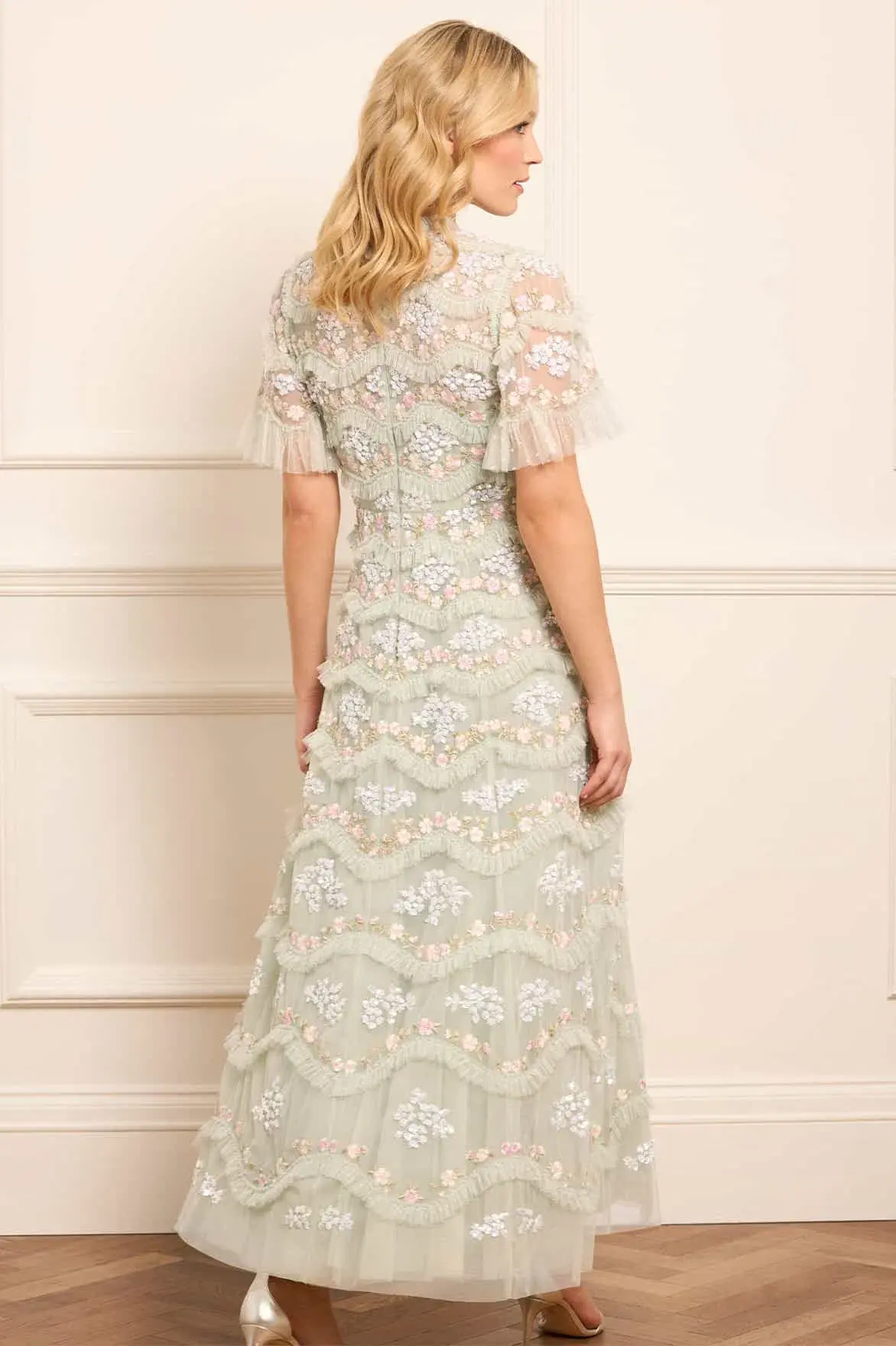 Needle & Thread Wave Ankle Gown Green Sequin Floral Daisy Size 10 - Image 2