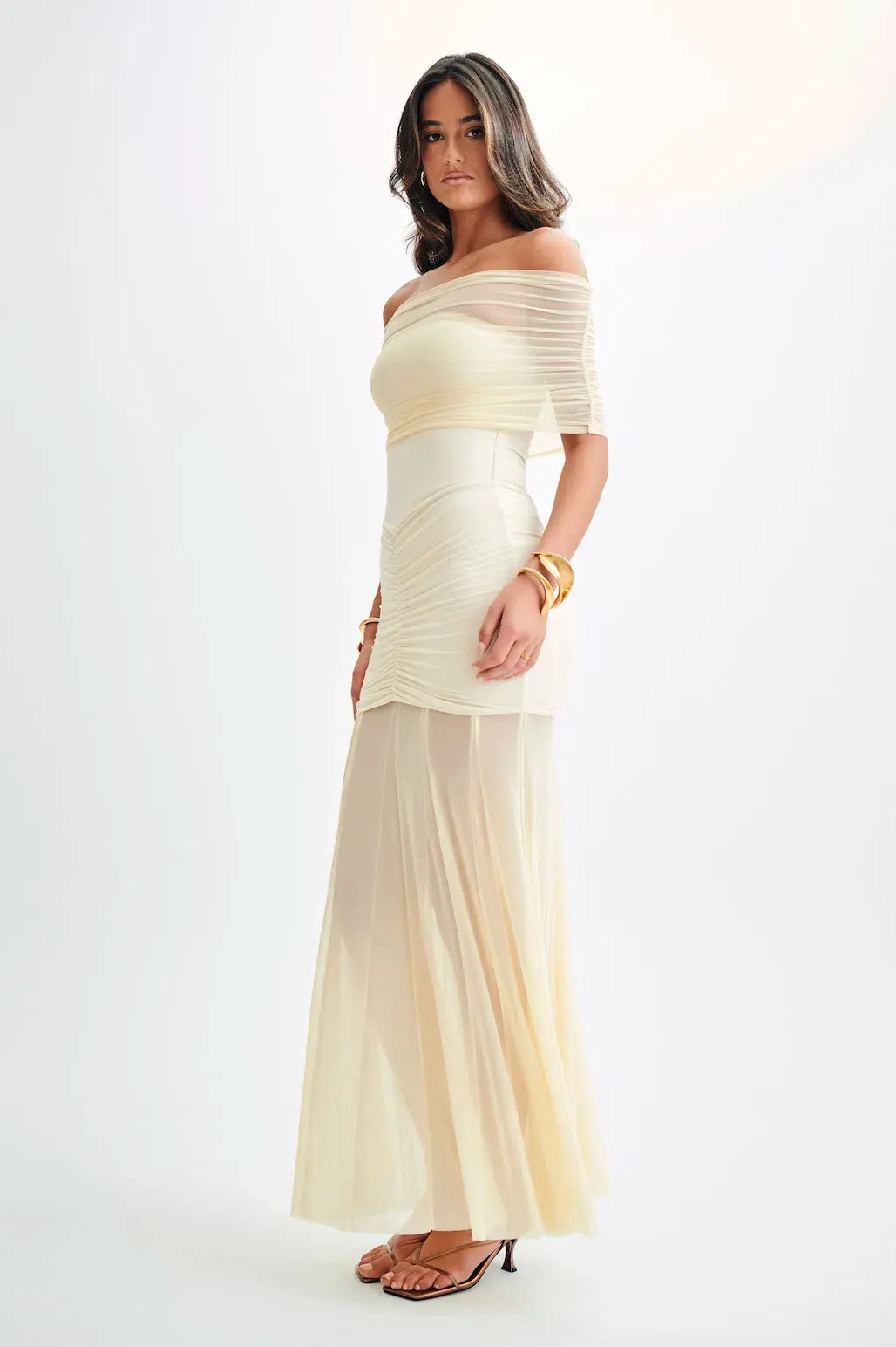 Meshki Caspian Slinky and Mesh Off The Shouleder Dress in Ivory Size AU 6 for rent on The Volte - main image