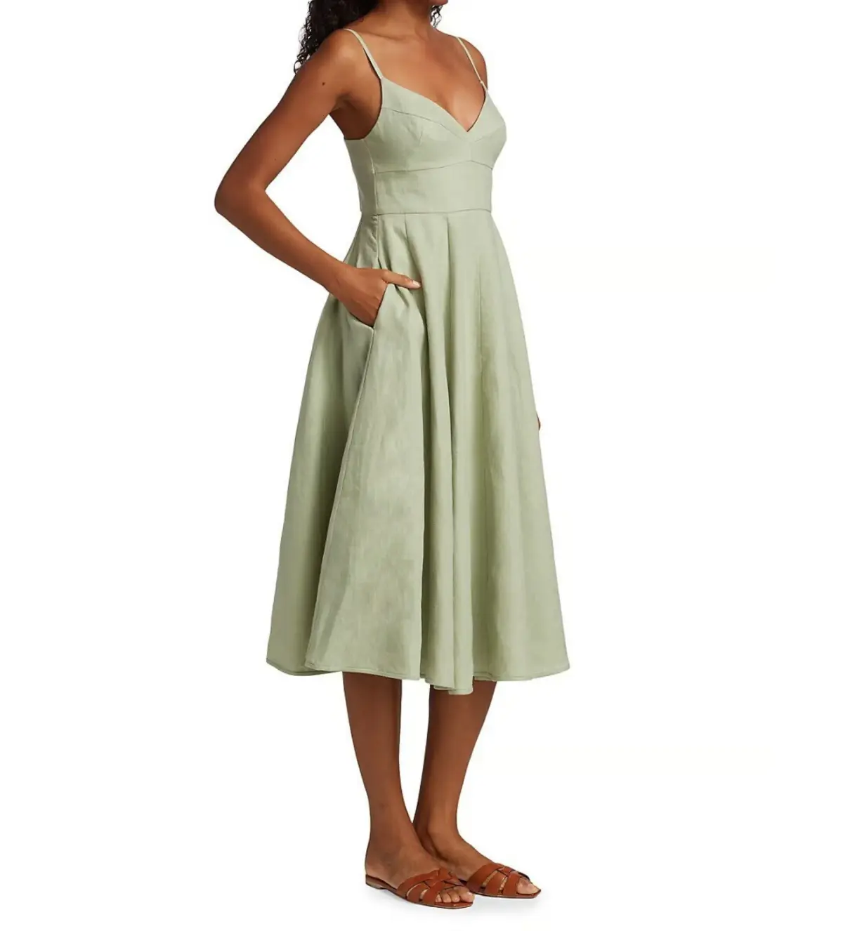 Zimmermann Dancer Picnic Shirred Linen Midi Dress Sage Size 3/AU 14 - Image 2