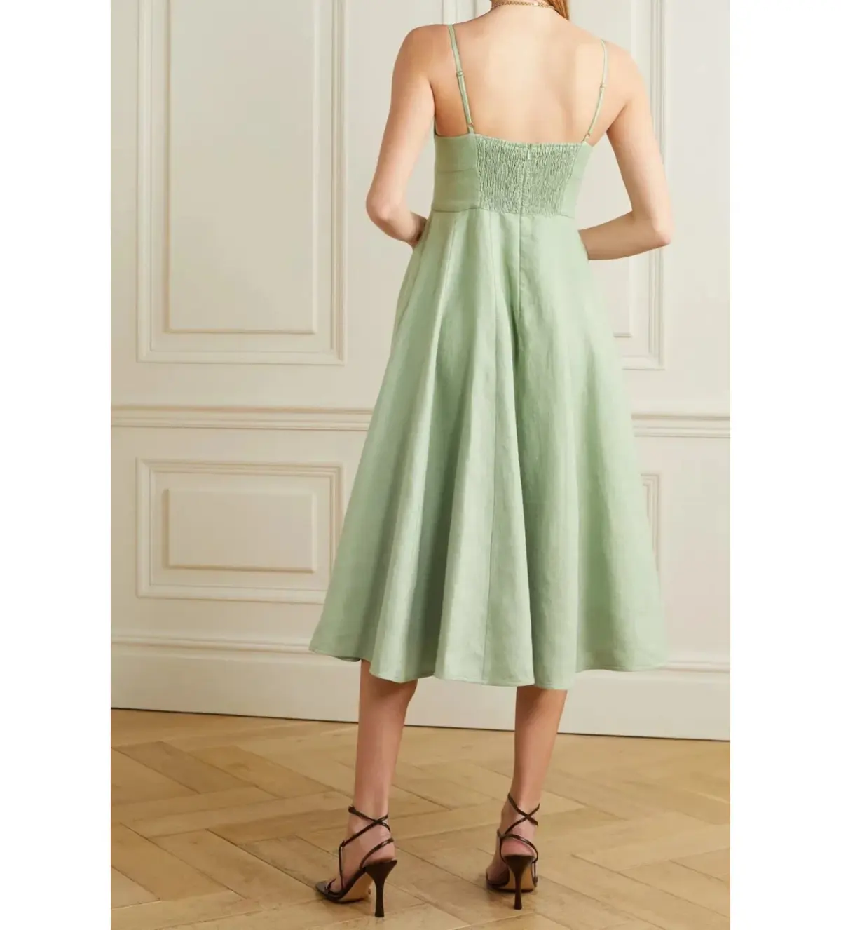 Zimmermann Dancer Picnic Shirred Linen Midi Dress Sage Size 3/AU 14 - Image 3