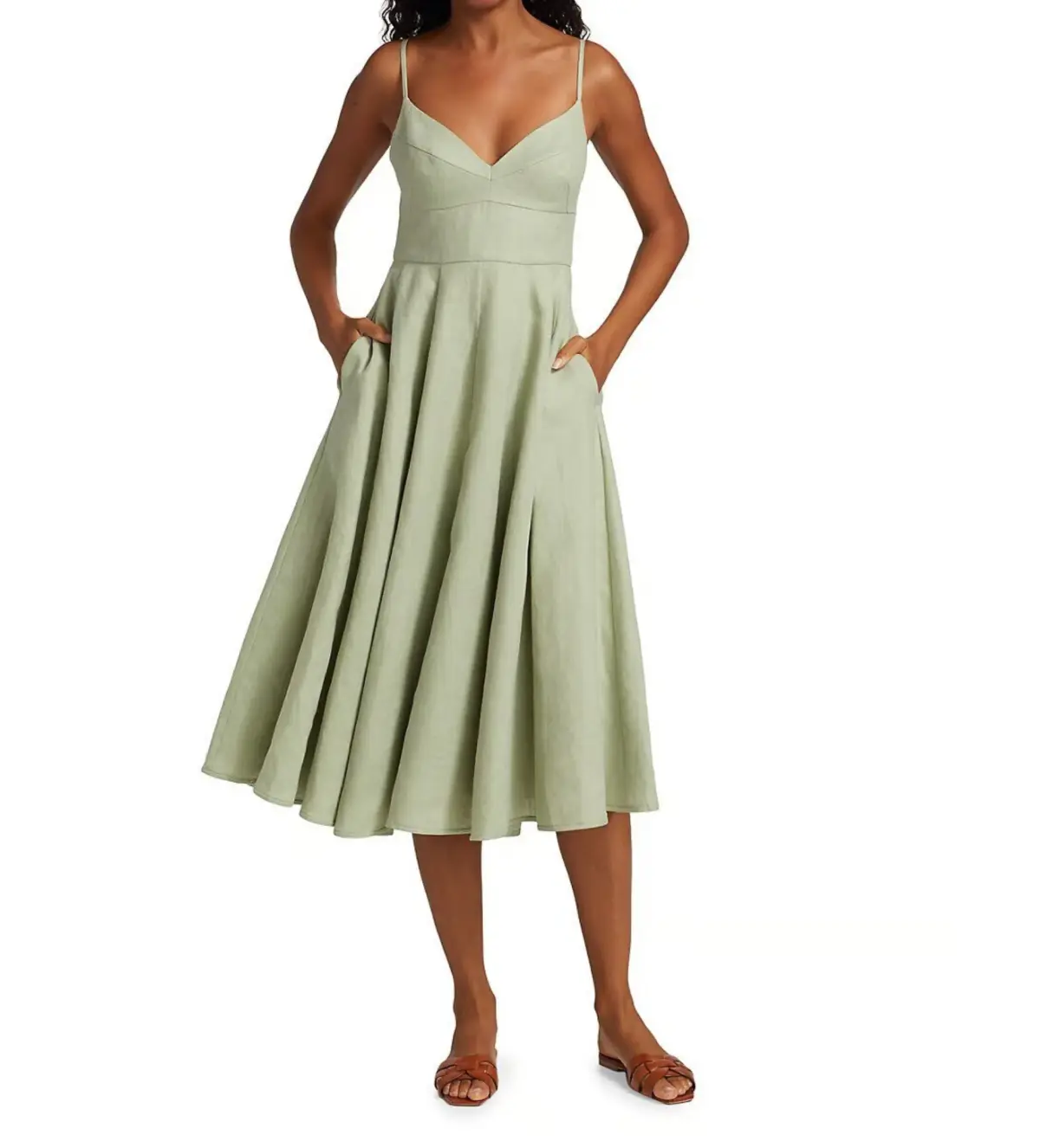 Zimmermann Dancer Picnic Shirred Linen Midi Dress Sage Size 3/AU 14 - Image 1