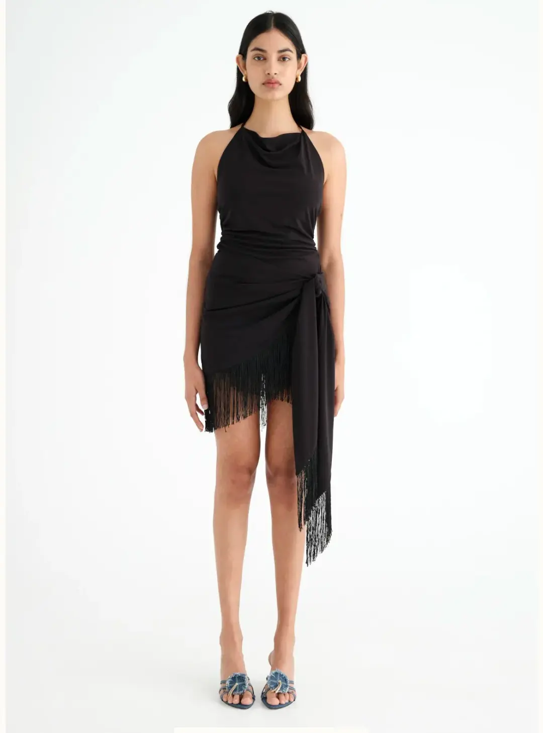 Benni Carolina Fringe Halter Mini Dress Black Size 10 for rent on The Volte - main image