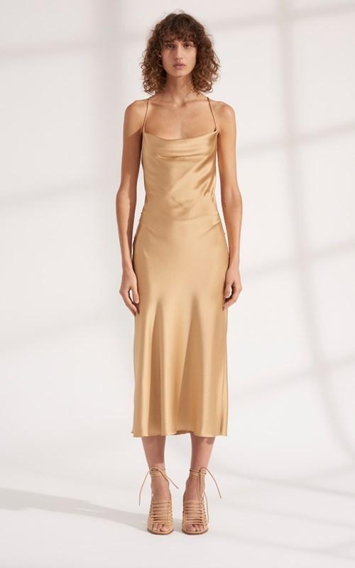 DION LEE Bias Weave Cowl Dress Sand/Gold - Image 3
