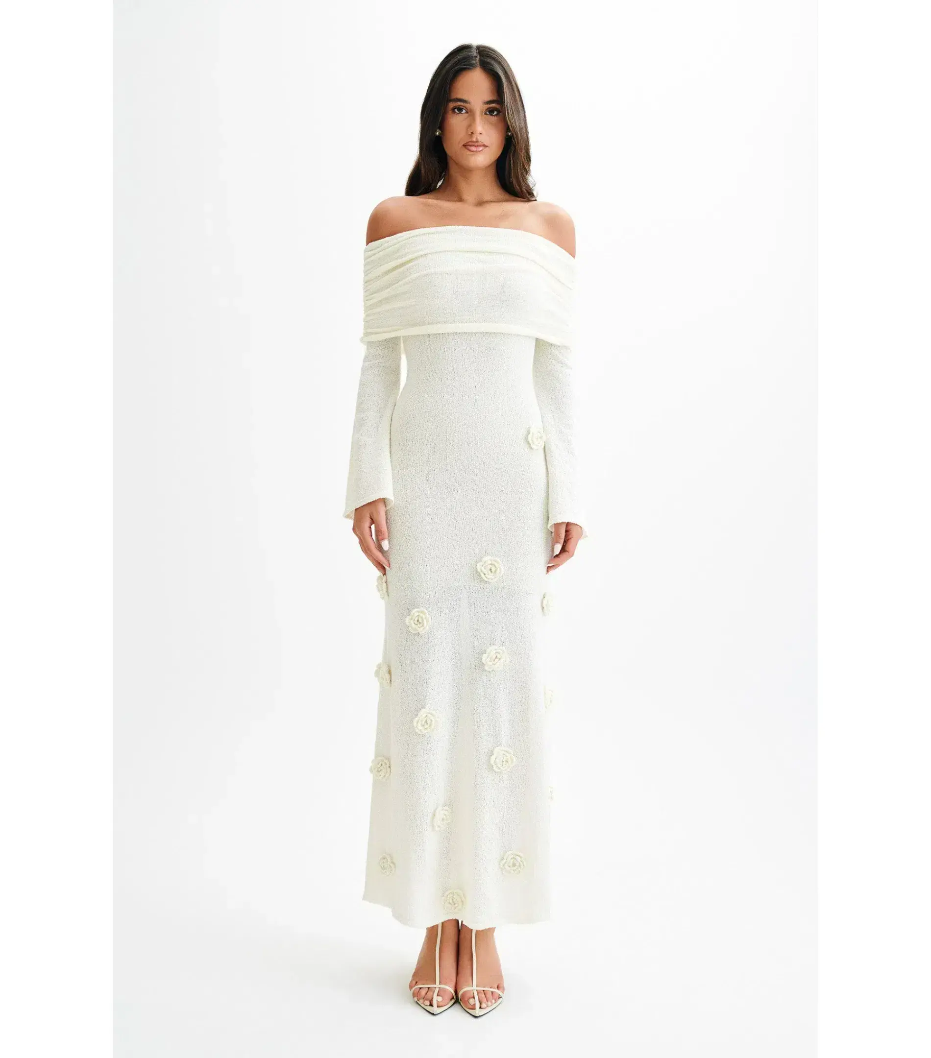 Meshki Kiki Off Shoulder Knit Rose Maxi Dress Ivory Size AU 14 - Image 1