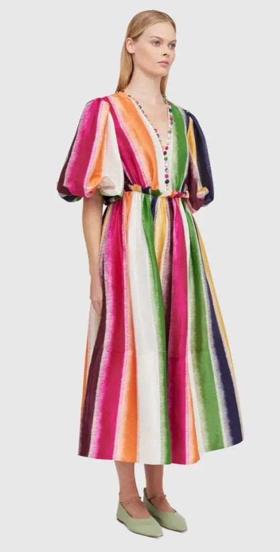 Leo Lin Fortune Stripe Silk Linen Midi Dress Size AU 12 - Image 1