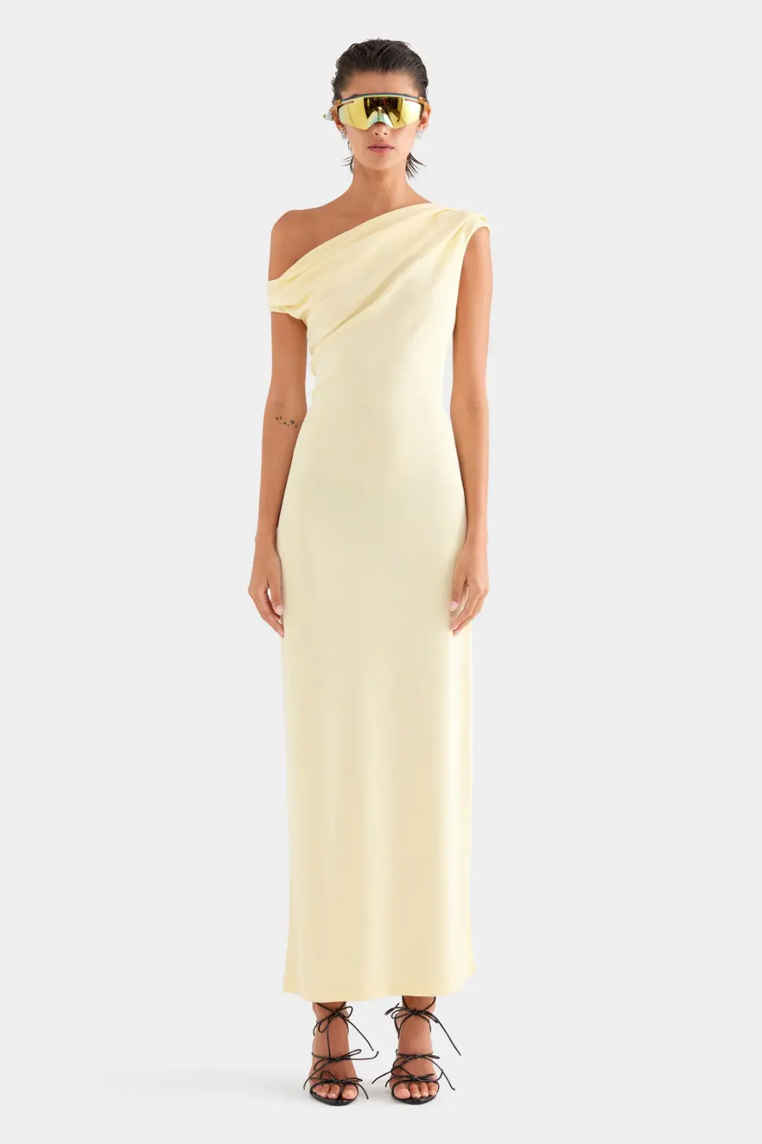 Venroy Asymmetric Draped Jersey Dress Butter Size AU 10 for rent on The Volte - main image