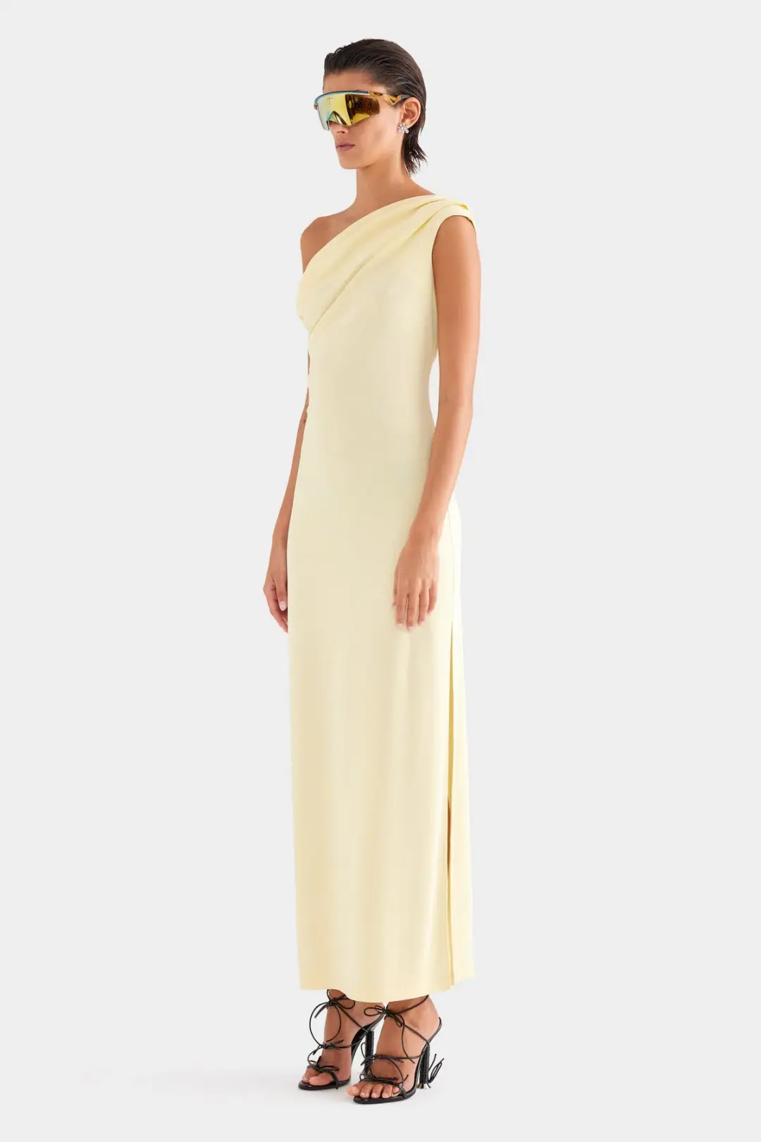 Venroy Asymmetric Draped Jersey Dress Butter Size AU 10 for rent on The Volte - main image