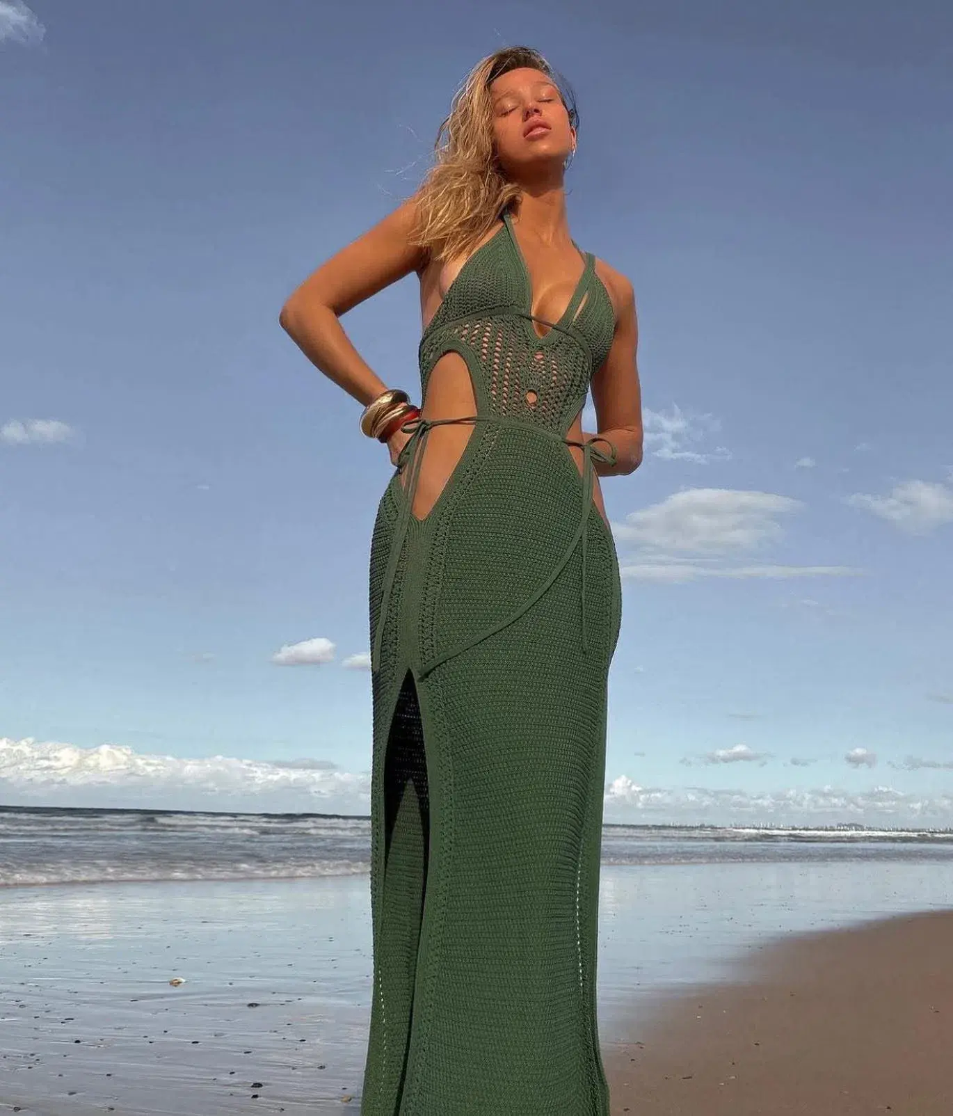 Dion Lee Crochet Midi Knit Halterneck Dress Green Size XS / AU 6 - Image 2