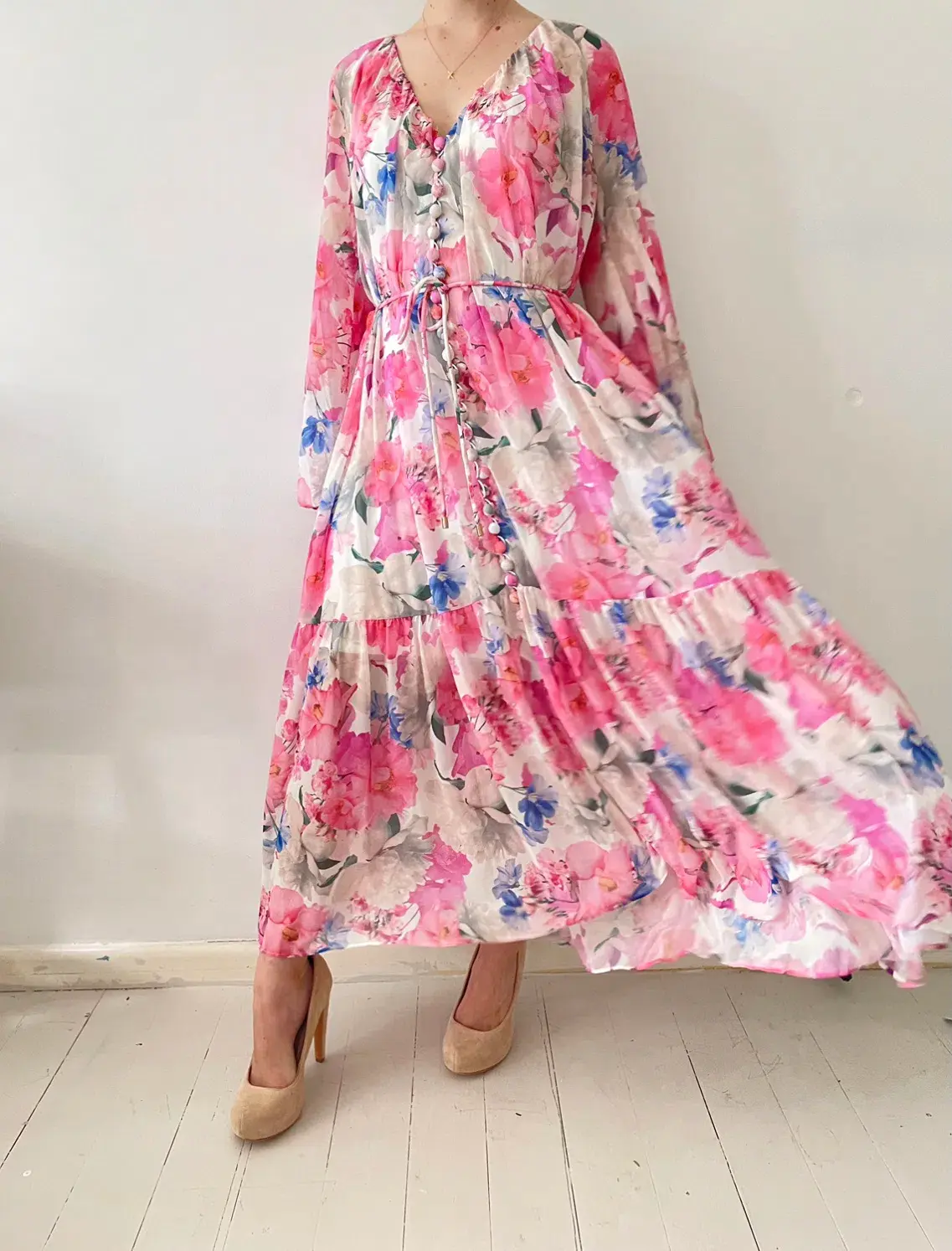 Sheike Juliet Long Sleeve Pink Floral Maxi Dress Size 10 - Image 1