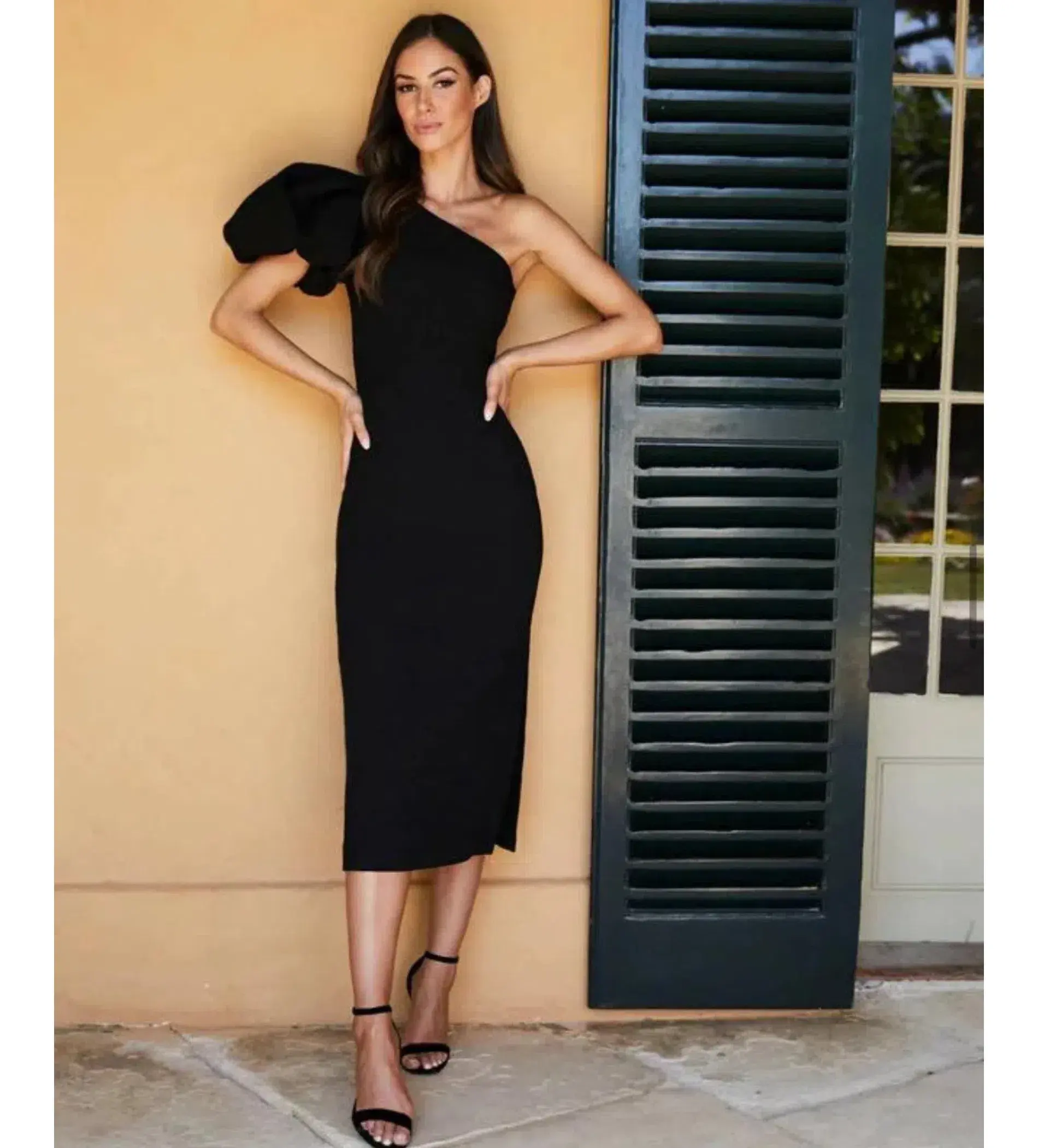 Rebecca Vallance Natalia One Sleeve Midi Dress Black Size AU 14 - Image 4