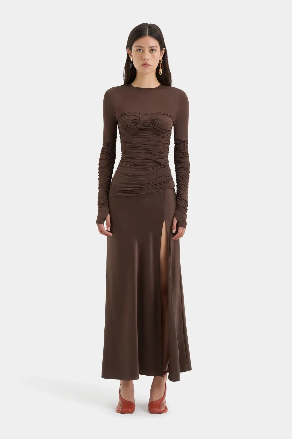 Sir Alessia Draped Jersey Satin Maxi Gown Brown Size 8  - Image 1