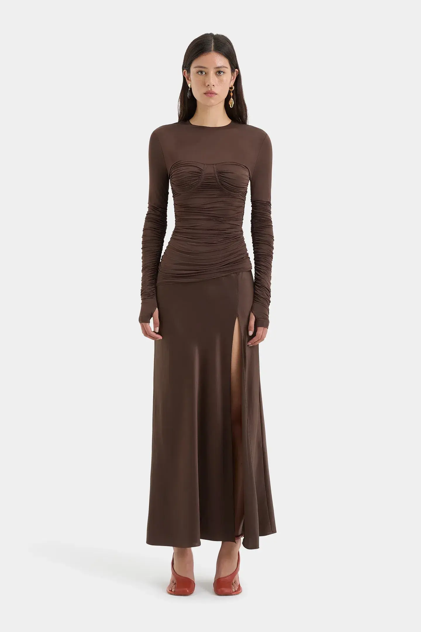 Sir Alessia Draped Jersey Satin Maxi Gown Brown Size 8  - Image 1
