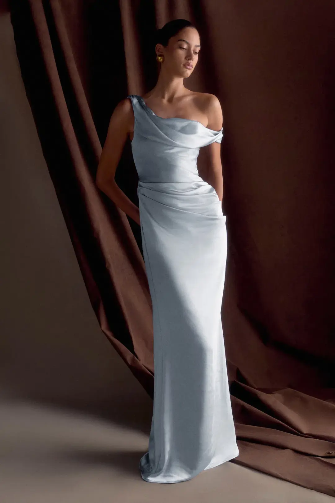 MESHKI Dalia Off Shoulder Satin Maxi Dress Frosted Blue Size 6 for rent on The Volte - main image