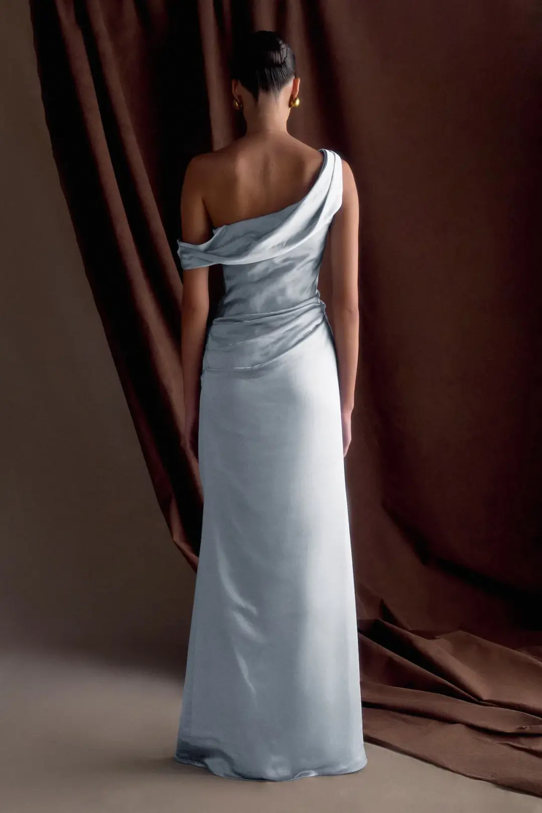 MESHKI Dalia Off Shoulder Satin Maxi Dress Frosted Blue Size 6 for rent on The Volte - main image