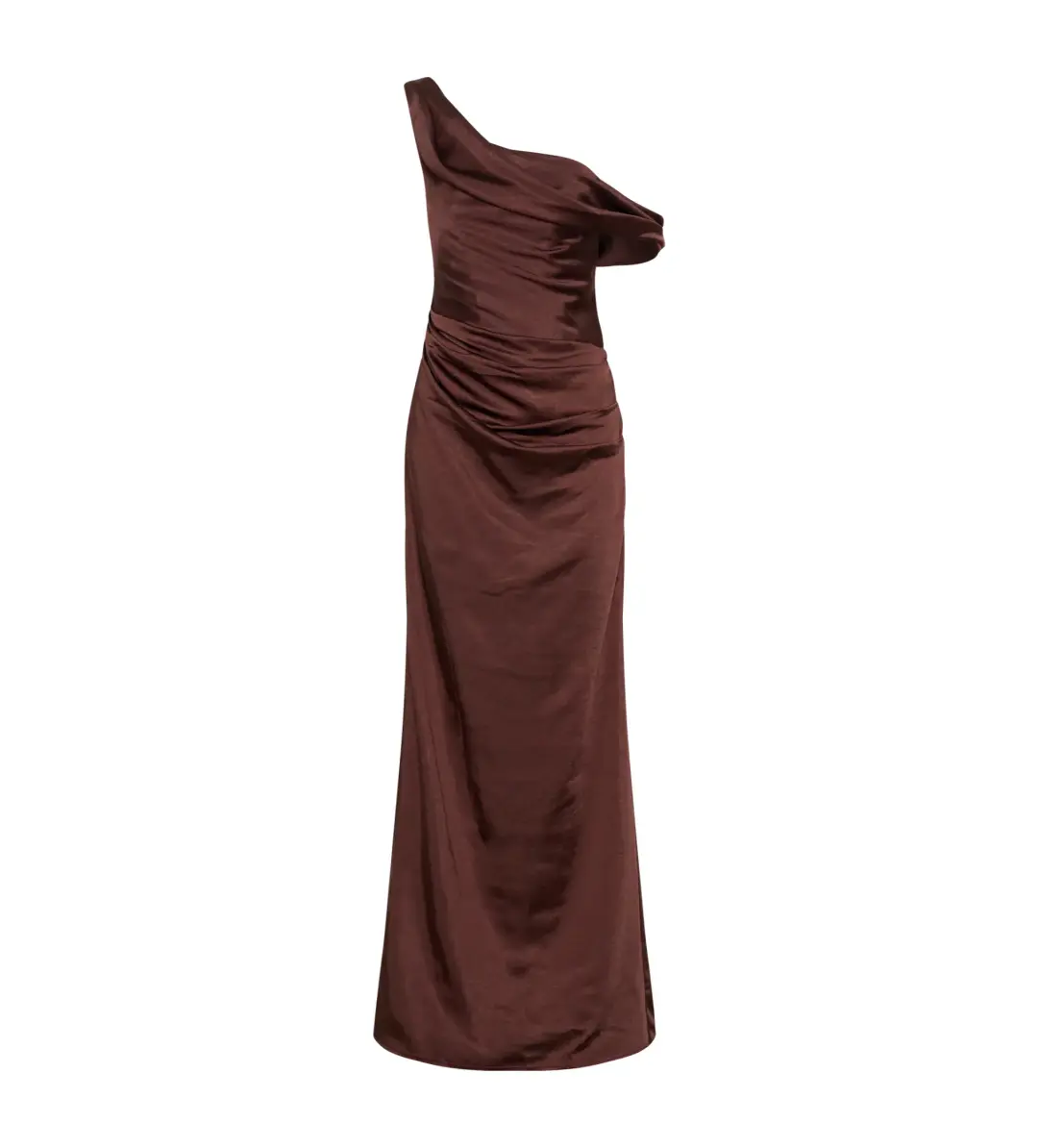 Meshki Dalia Off Shoulder Satin Dress Chocolate Brown Size 8 for rent on The Volte - main image
