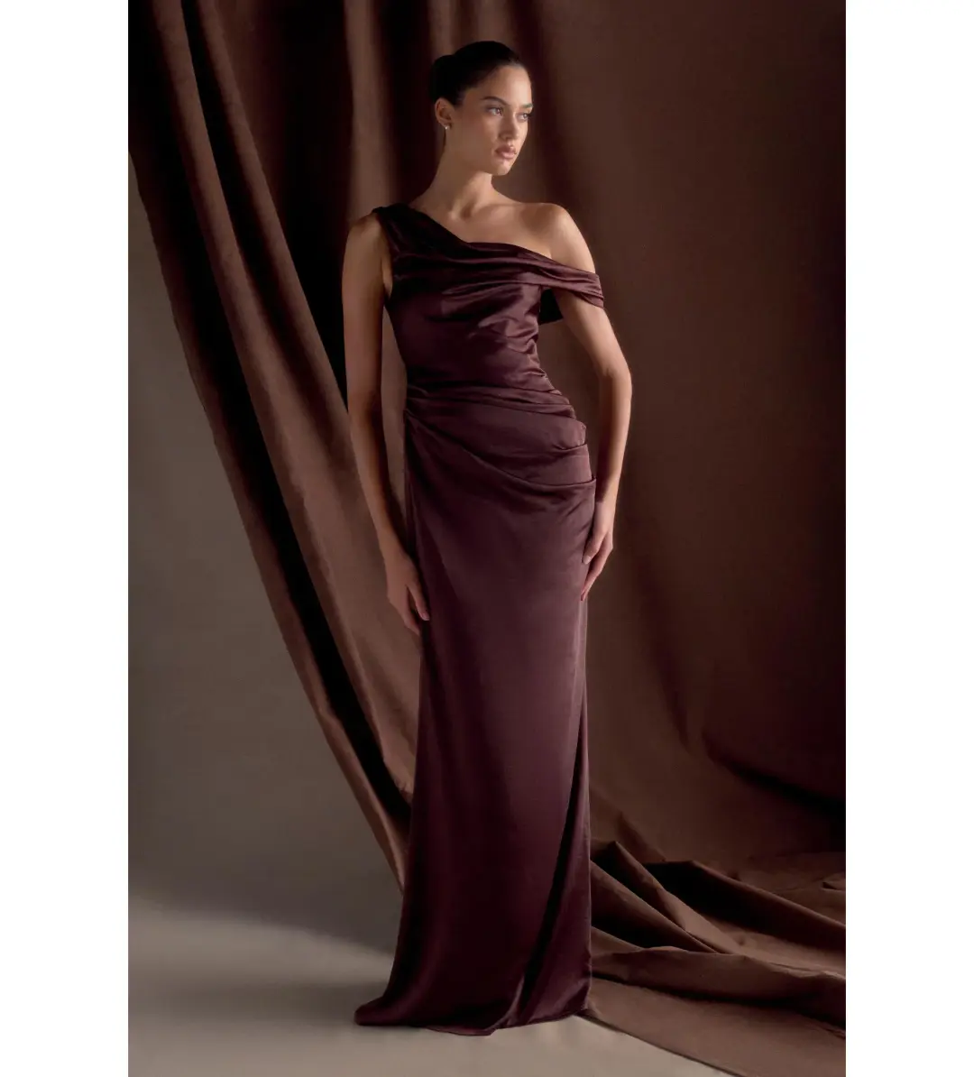 Meshki Dalia Off Shoulder Satin Dress Chocolate Brown Size 8 for rent on The Volte - main image