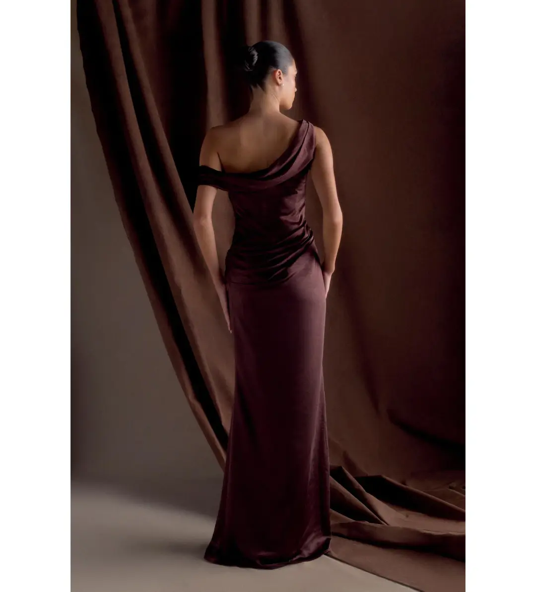 Meshki Dalia Off Shoulder Satin Dress Chocolate Brown Size 8 for rent on The Volte - main image