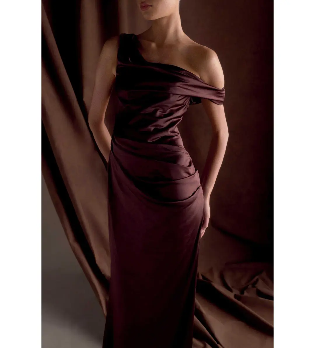 Meshki Dalia Off Shoulder Satin Dress Chocolate Brown Size 8 for rent on The Volte - main image