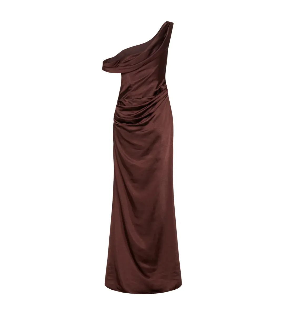 Meshki Dalia Off Shoulder Satin Dress Chocolate Brown Size 8 for rent on The Volte - main image