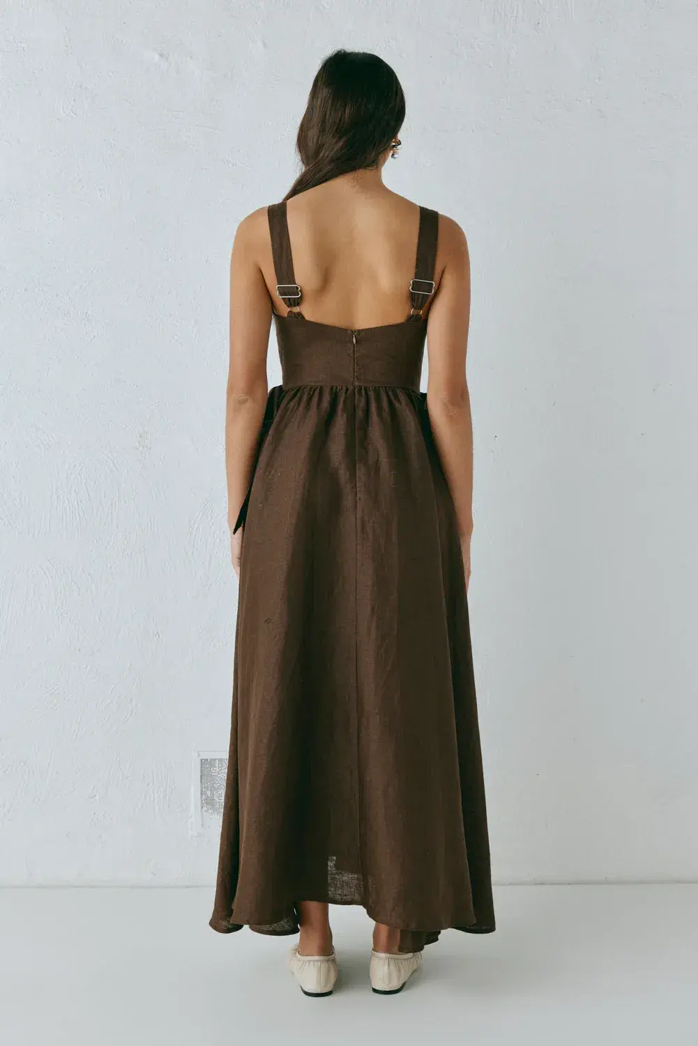 Vrg Grl Daphne Linen Midi Dress Chocolate Size 10-12 for rent on The Volte - main image