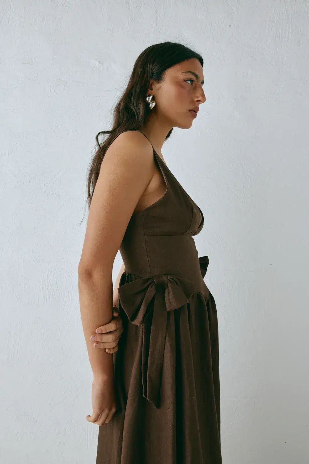 Vrg Grl Daphne Linen Midi Dress Chocolate Size 10-12 for rent on The Volte - main image