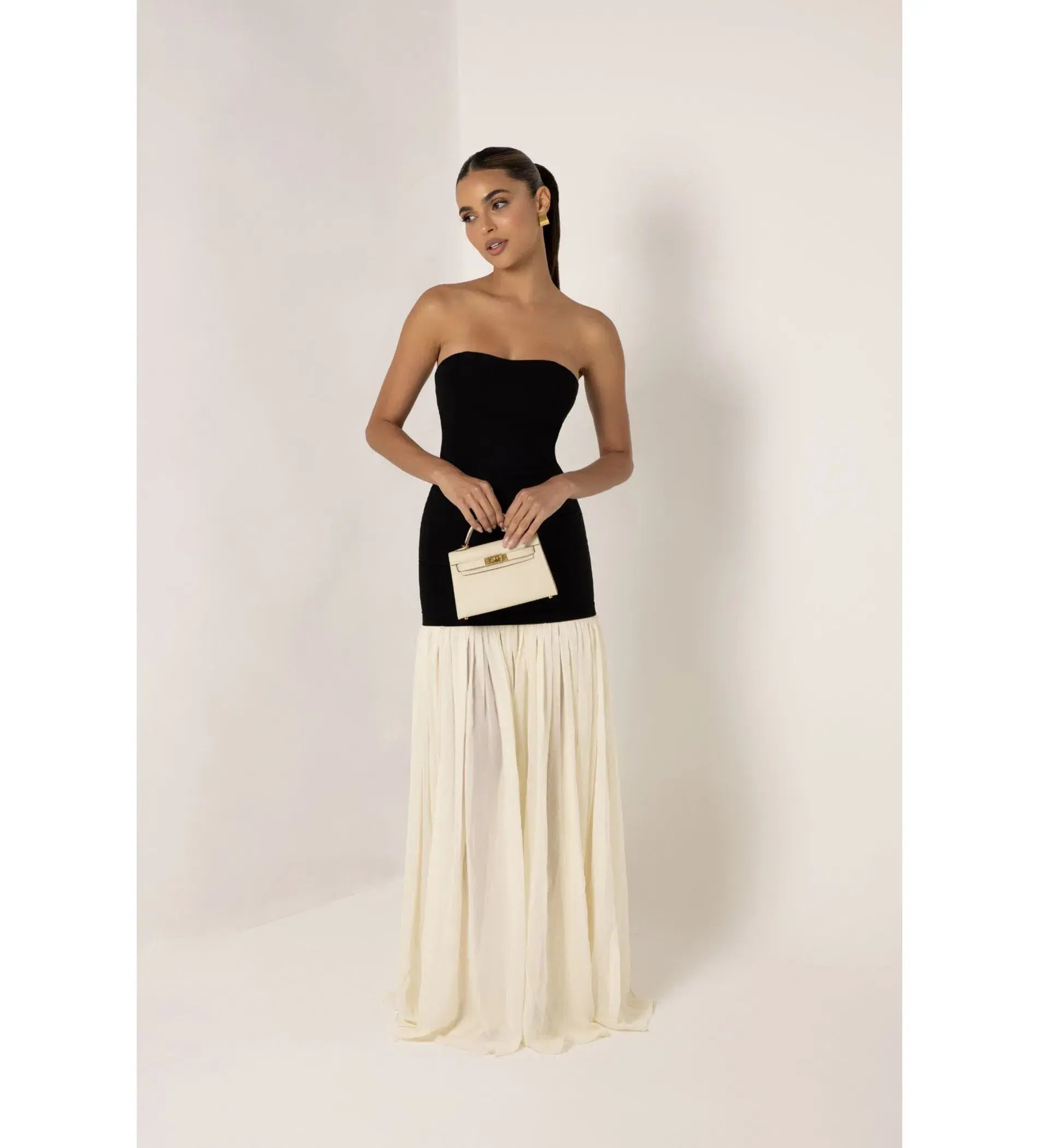 Heiress Beverly Hills Black Strapless Cream Chiffon Maxi Dress Multi Size XXS / AU 4 - Image 1