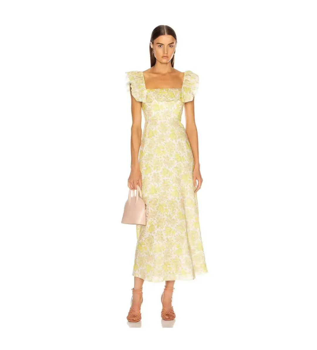 Zimmermann Goldie Ruffle Neck Midi Dress Yellow Floral Size 0 / AU 8 for rent on The Volte - main image