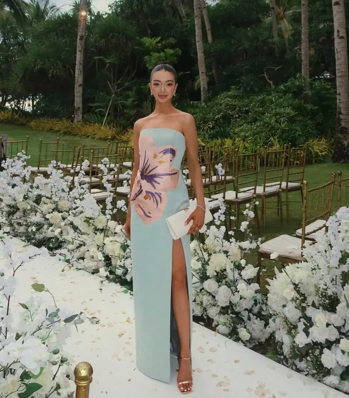 Leo Lin Clémence Embroidered Split Maxi Dress in Hibiscus in Pistachio Size 8  - Image 3