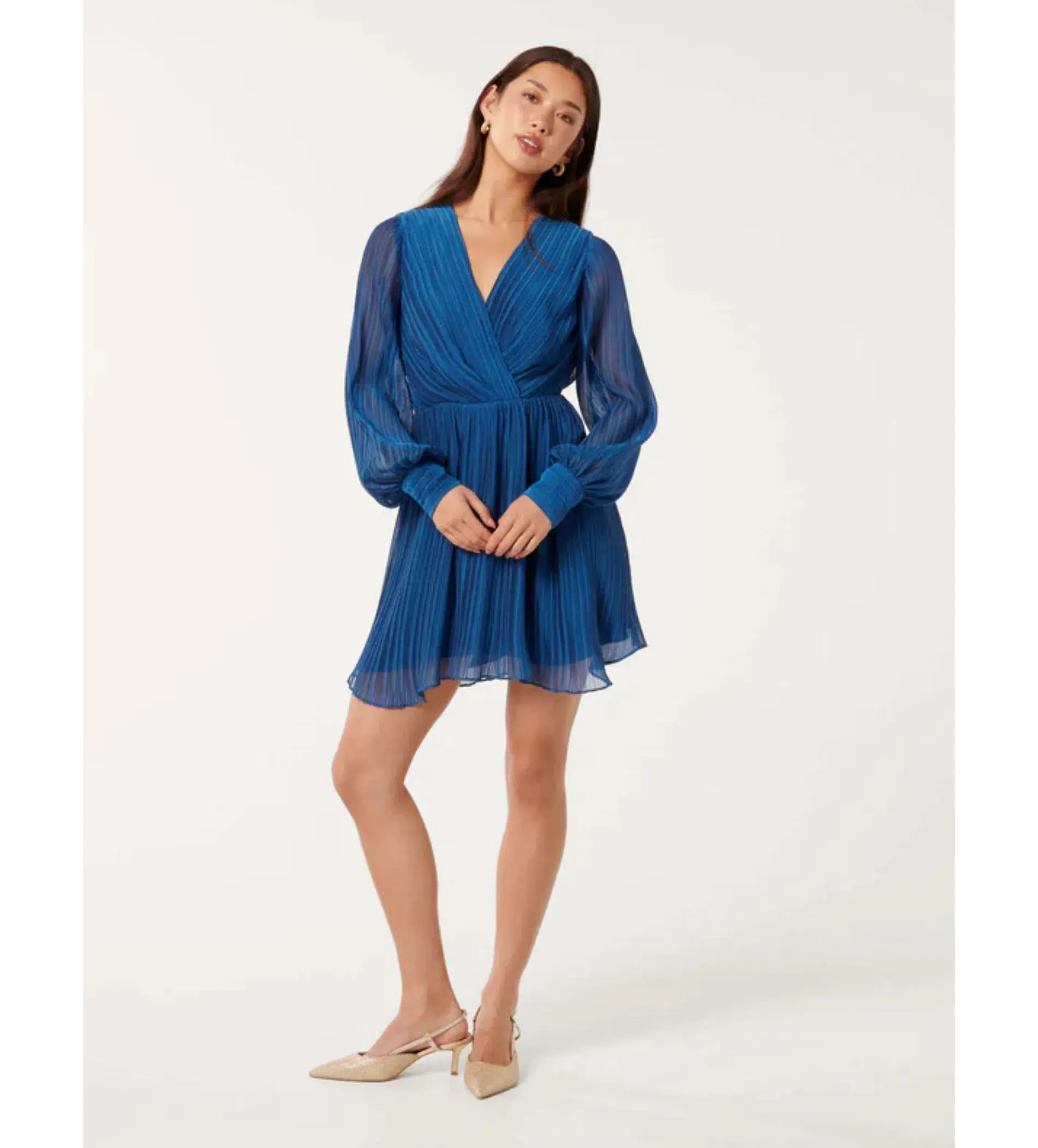 Forever New Genevieve Crinkle Pleated Mini Dress in Blue Size 12 - Image 1
