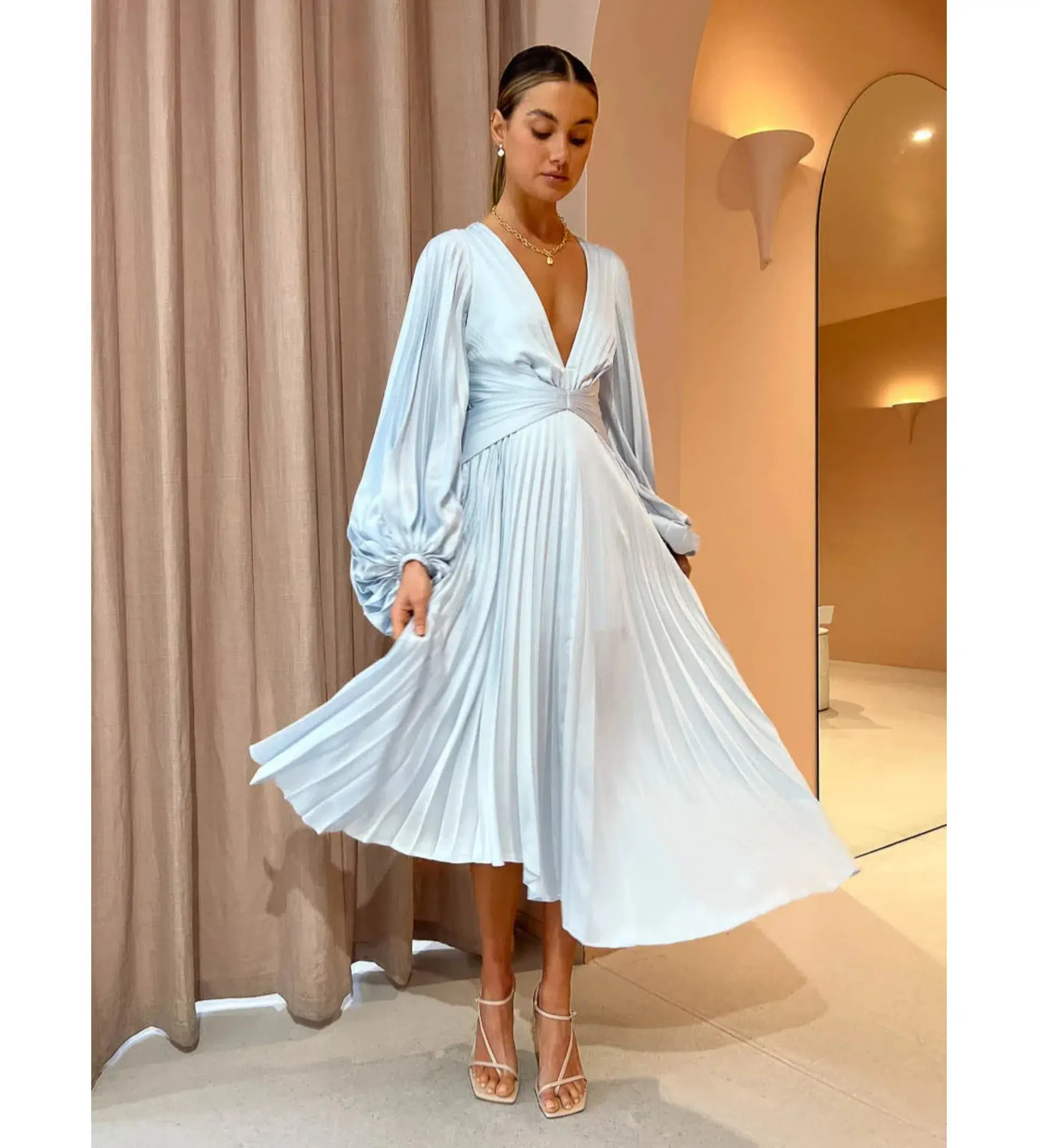 Acler Palms Pleat Dress Long Ice Blue Size AU 12 - Image 1