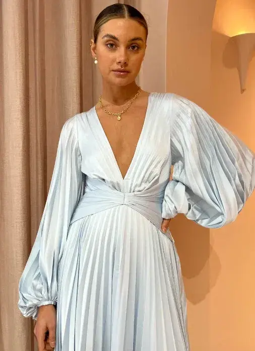 Acler Palms Pleat Dress Long Ice Blue Size AU 12 - Image 2