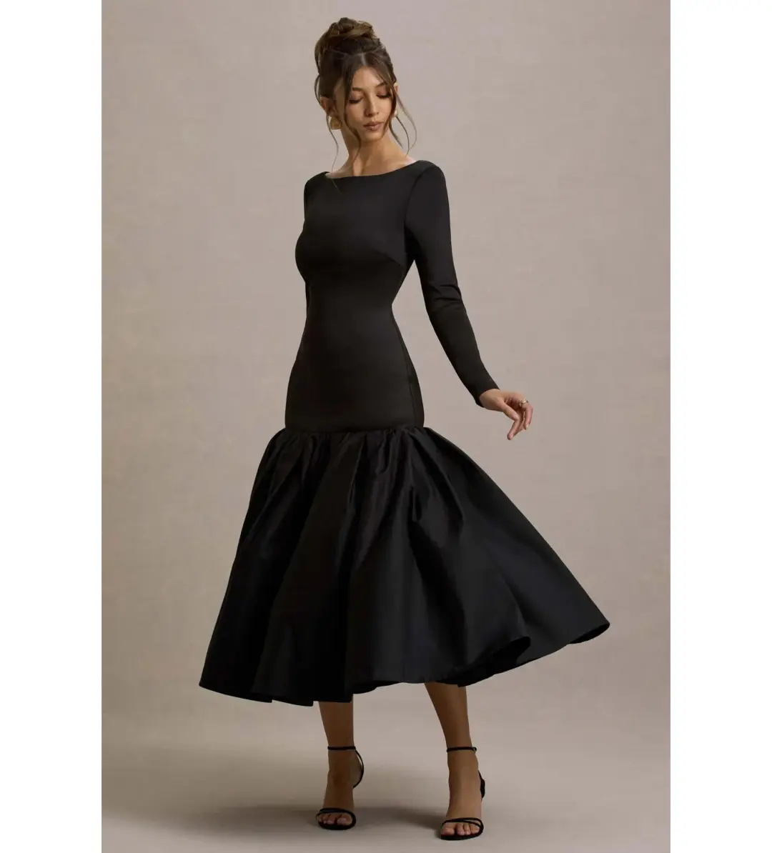 Club L London Perpetua Drop-Waist Midi Dress with Volume Skirt Black Size AU 10 for rent on The Volte - main image