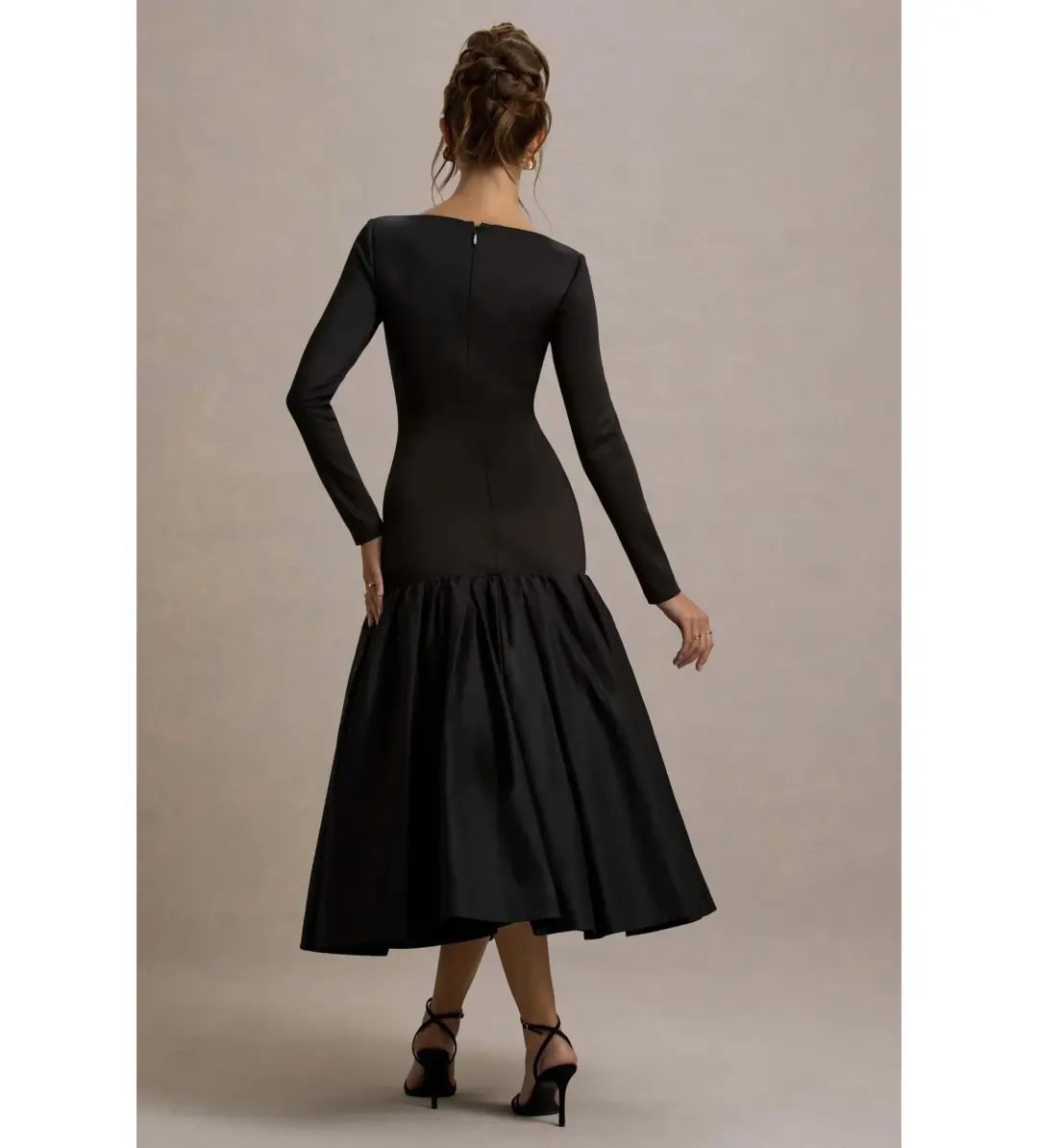 Club L London Perpetua Drop-Waist Midi Dress with Volume Skirt Black Size AU 10 for rent on The Volte - main image