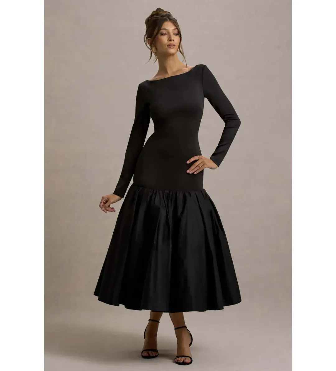 Club L London Perpetua Drop-Waist Midi Dress with Volume Skirt Black Size AU 10 for rent on The Volte - main image