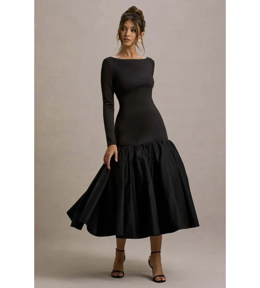 Club L London Perpetua Drop-Waist Midi Dress with Volume Skirt Black Size AU 10 for rent on The Volte - main image