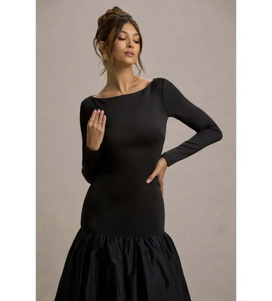 Club L London Perpetua Drop-Waist Midi Dress with Volume Skirt Black Size AU 10 for rent on The Volte - main image